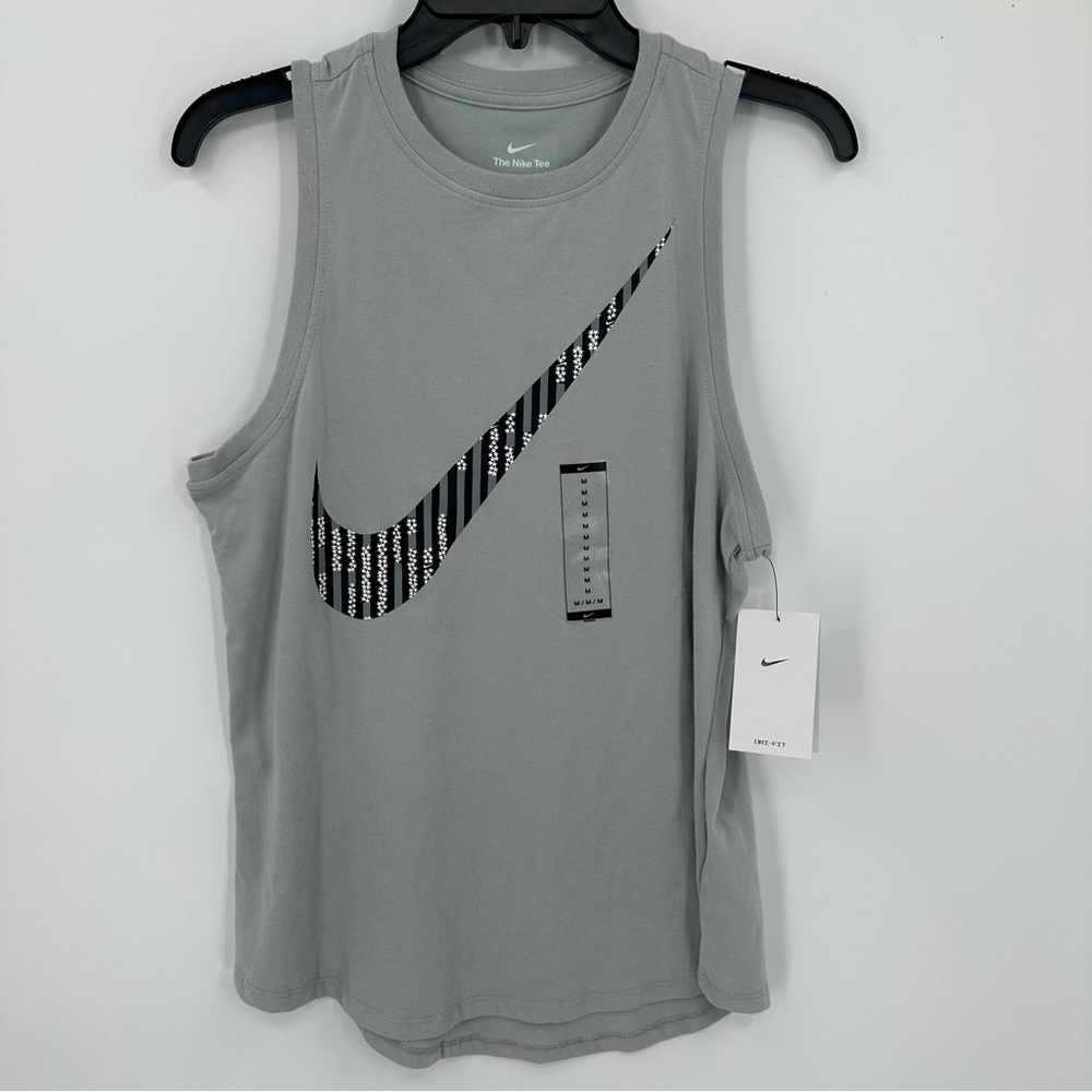 Nike Dri-Fit High Neck Big Logo Swoosh Gray Tank Top Size M